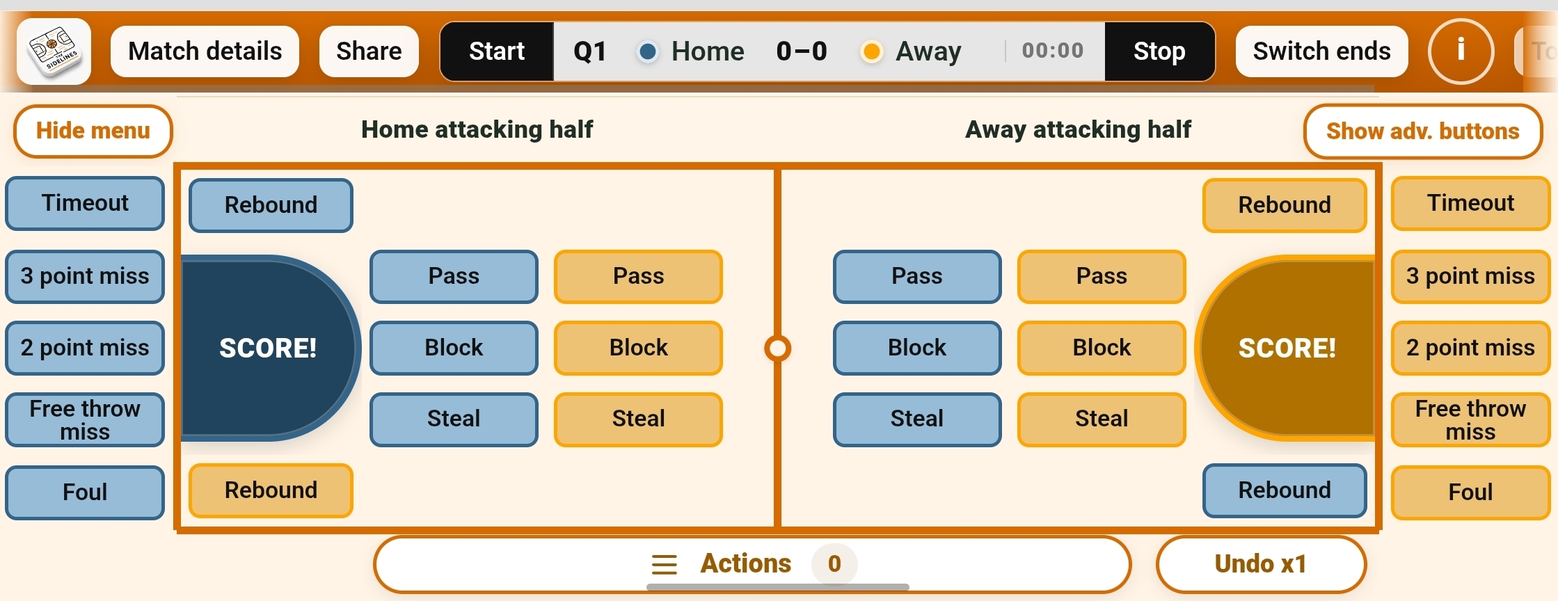 The Sidelines basketball tracker shown in landscape mode